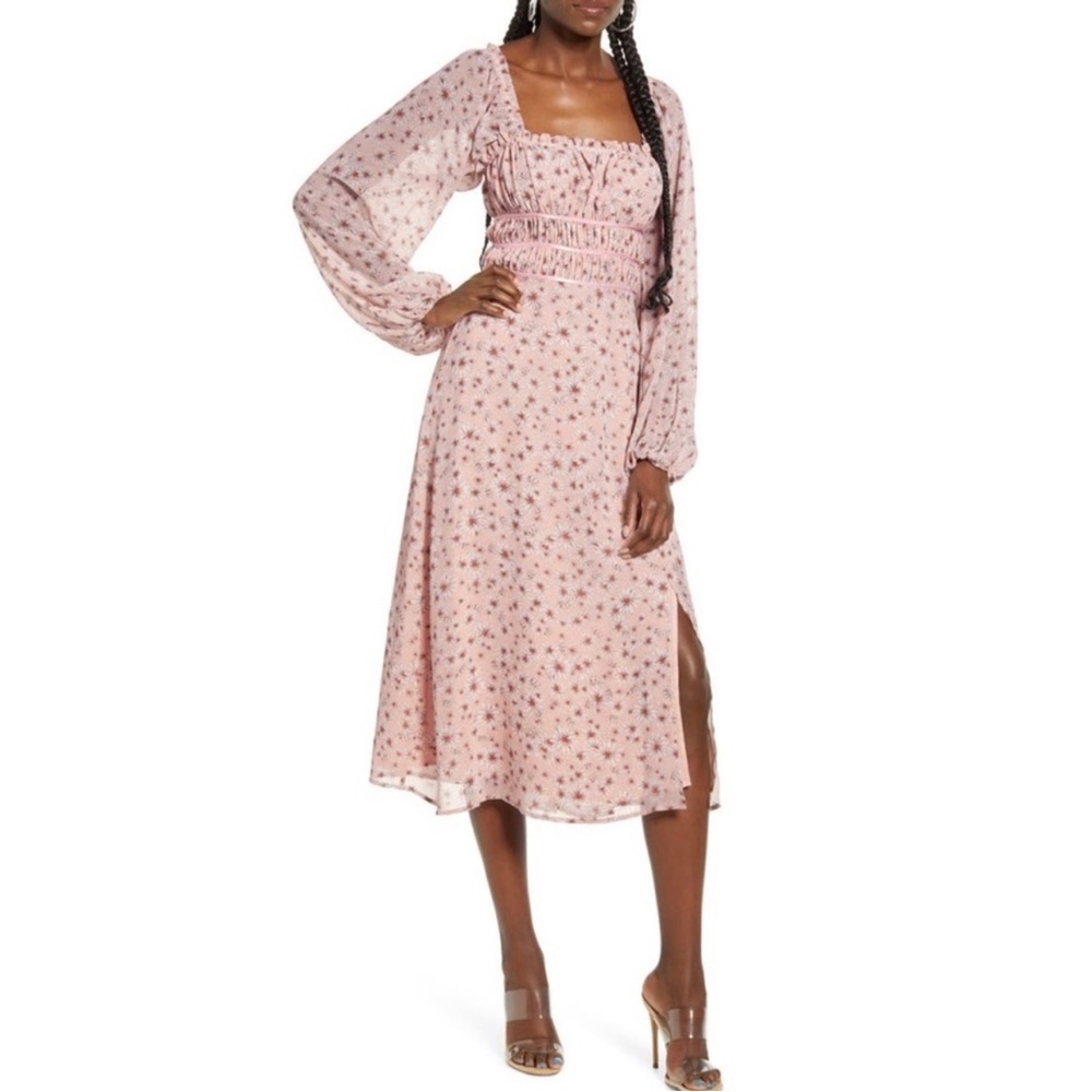 WAYF Pink Floral Smocked Midi Dress Long Sleeve Square Neck Cottagecore